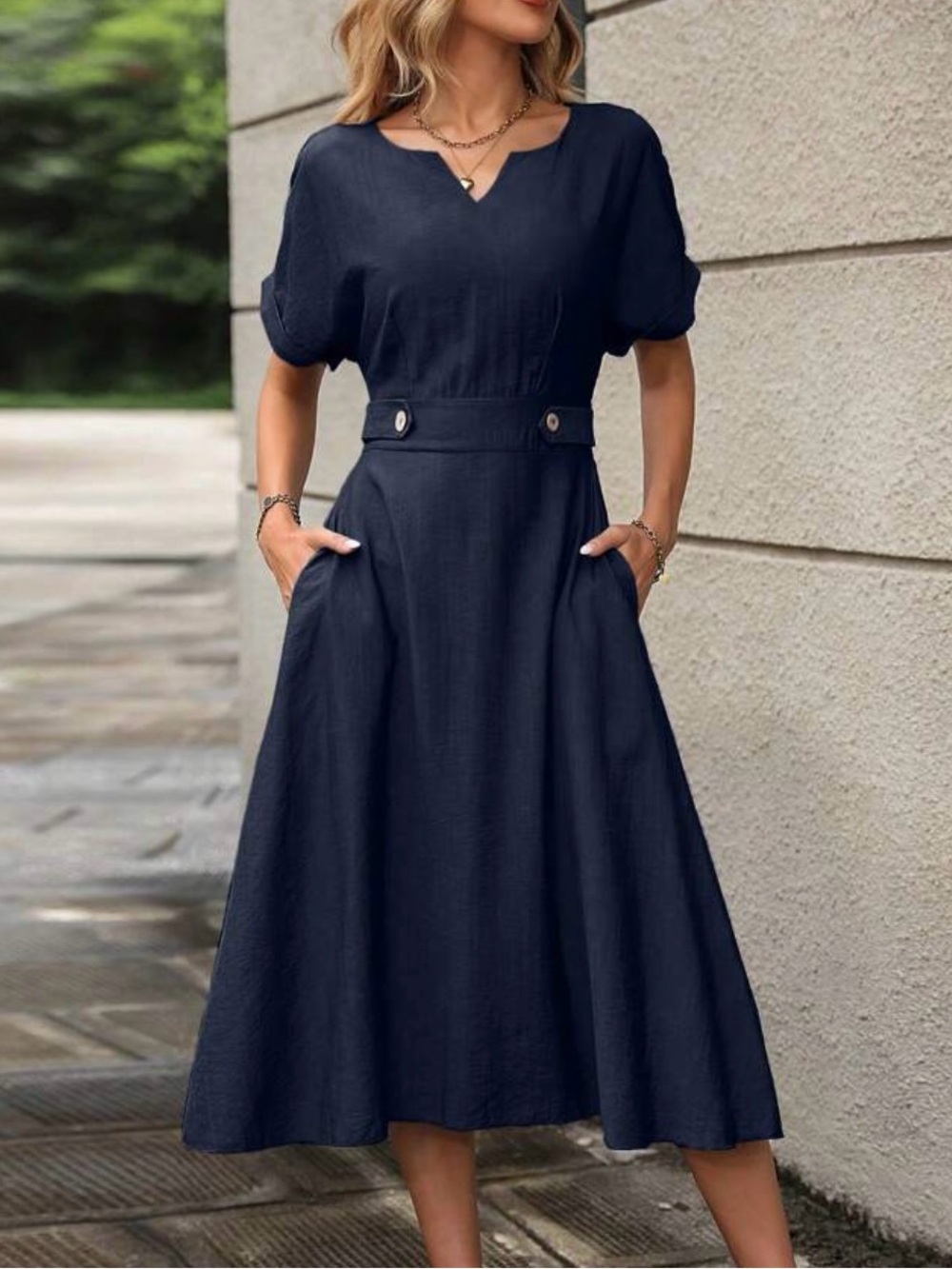 SHEIN Navy Button-Accented Midi Dress